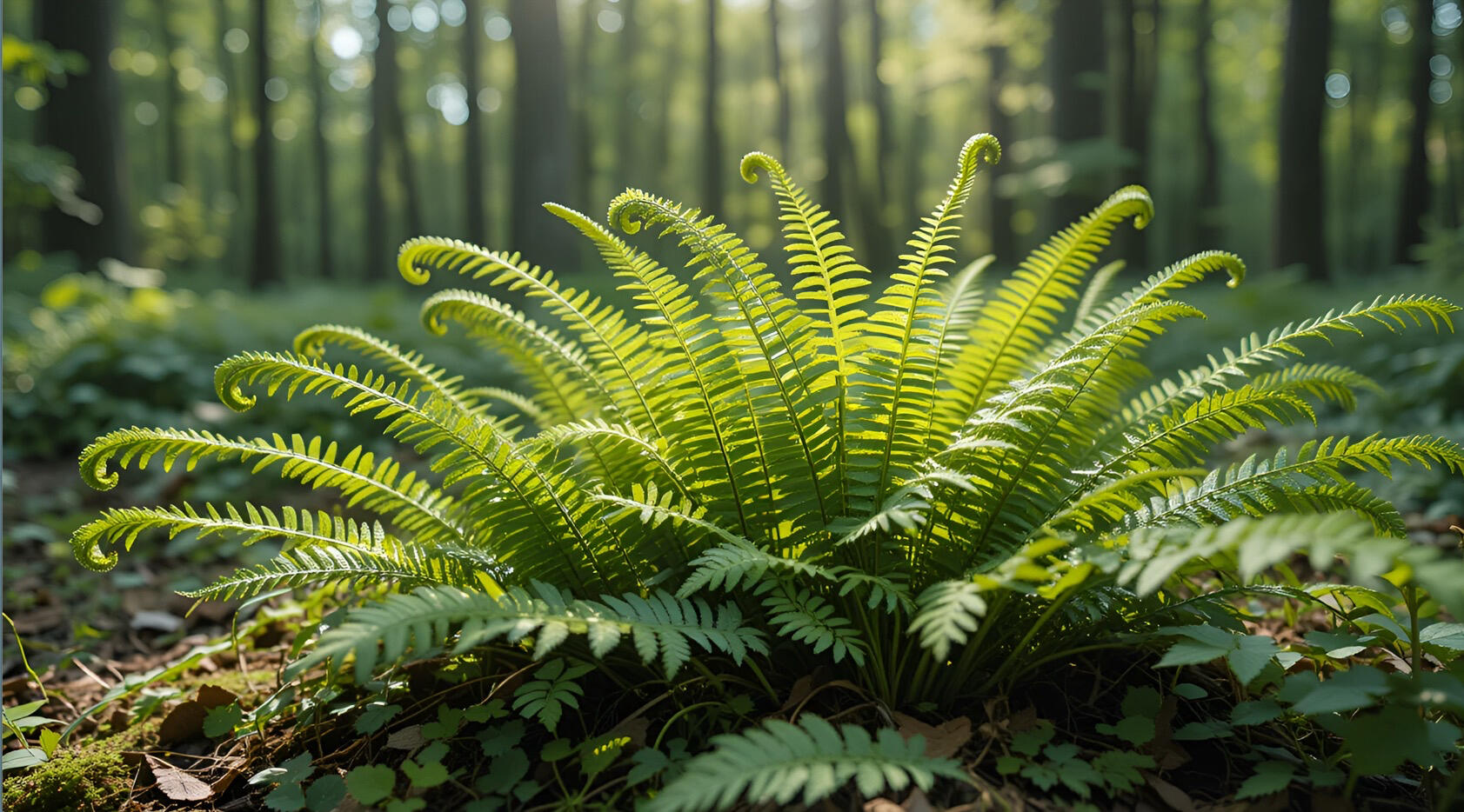 fern bunch A lush green fern unfurling in a forest clearing, its fronds arching outward in a radiant circular pattern. Sunlight filters softly through tall trees in the background, casting a warm, dappled glow over the forest floor and highlighting the fern’s vibrant